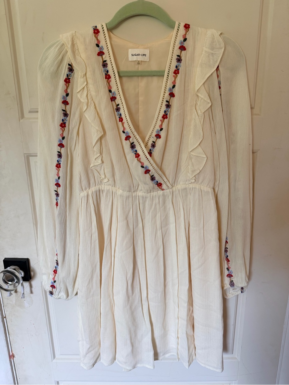 Sugarlips Cream Long Sleeve Embroidered Ruffle V-Neck Dress